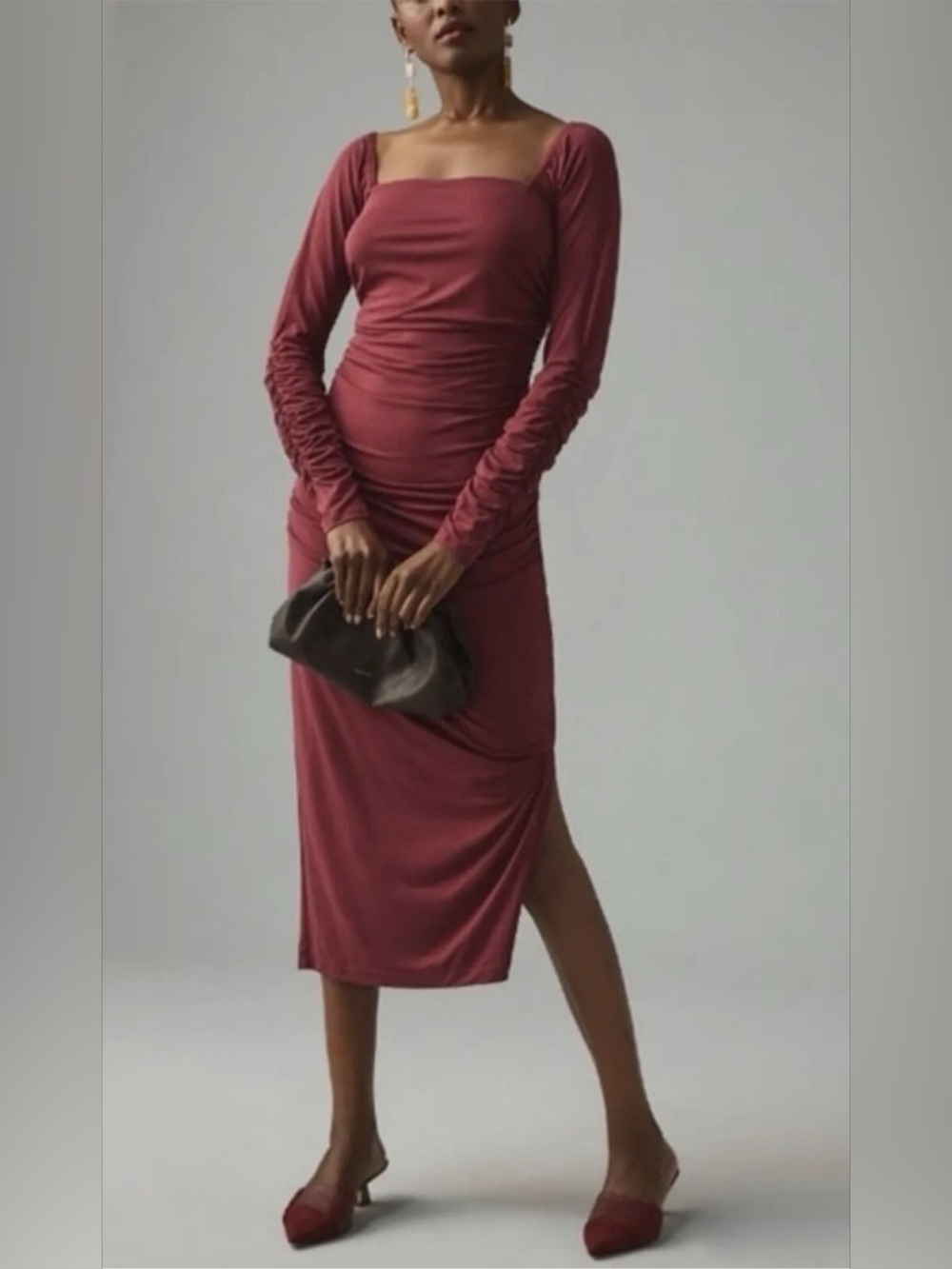 Anthropology Ruched Long Sleeve Square Neck Midi Dress in Brick Red